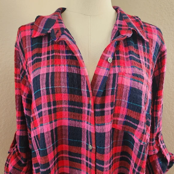 Intro 3/4 rolled sleeve plaid button-up collared over-shirt, sz XL - Picture 5 of 12